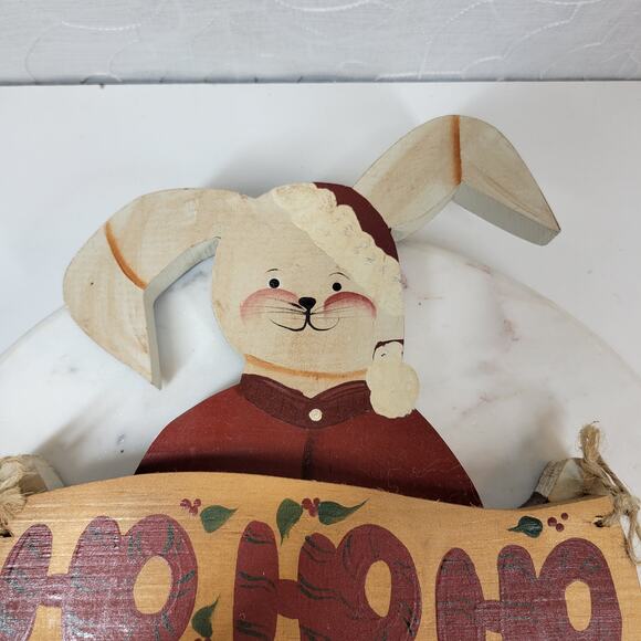 VINTAGE Bunny Santa Claus Ornament 15" HO HO HO Handmade Folk‎ Art Christmas - Picture 9 of 13